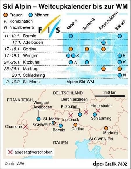 Der Ski-Alpin-Weltcupkalender. (Grafik: dpa)