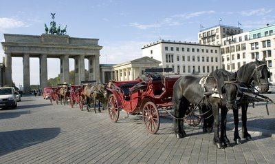 In langer Reihe stehen Kaleschen am Brandenburger Tor in Berlin - die Kutscher warten auf Kundschaft für ihre historisch anmutenden Gefährte, die von jeweils zwei PS bewegt werden. (FOTO: DPA)