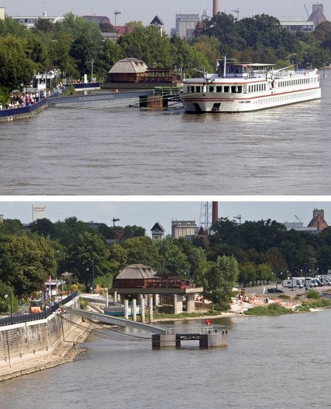 Die zweiteilige Bildkombo zeigt die Anlegestelle «Petriförder» in Magdeburg mit dem Elbe-Fahrgastschiff «Clara Schumann», während des Hochwassers im Jahr 2002 (oben) und eine aktuelle Aufnahme der Anlegestelle (Fotos vom 19.08.2002 und 07.08.2012). (ARCHIVFOTO: DPA)