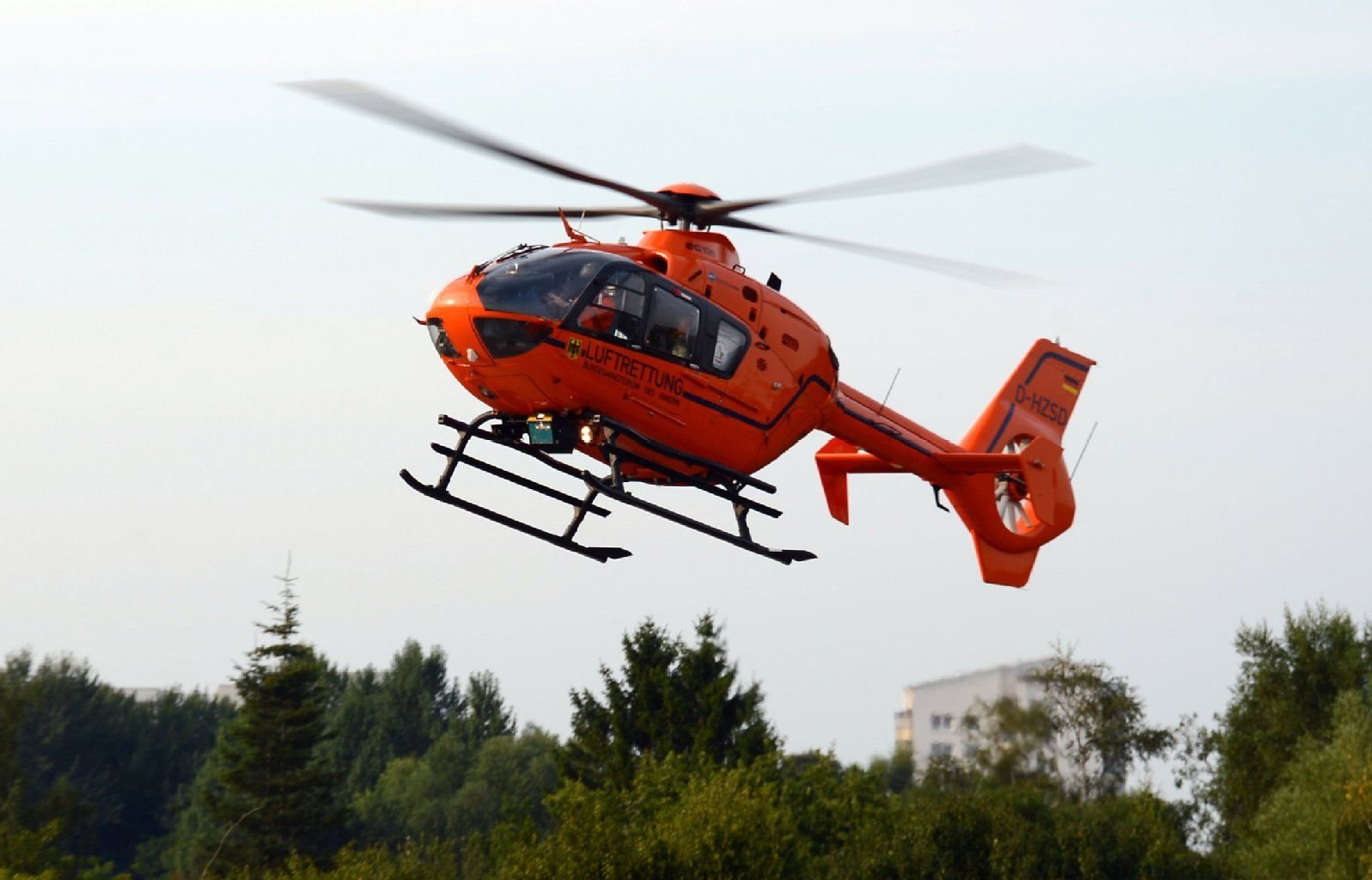 Ein Rettungshubschrauber kreist über einem Waldstück