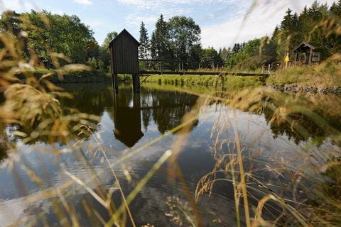 Ein Teich mit Striegelhaus ist in Clausthal-Zellerfeld zu sehen. Das Unesco-Welterbekomitee hat in Brasília die Harzer Wasserwirtschaft zum Weltkulturerbe erklärt. (FOTO: DPA)