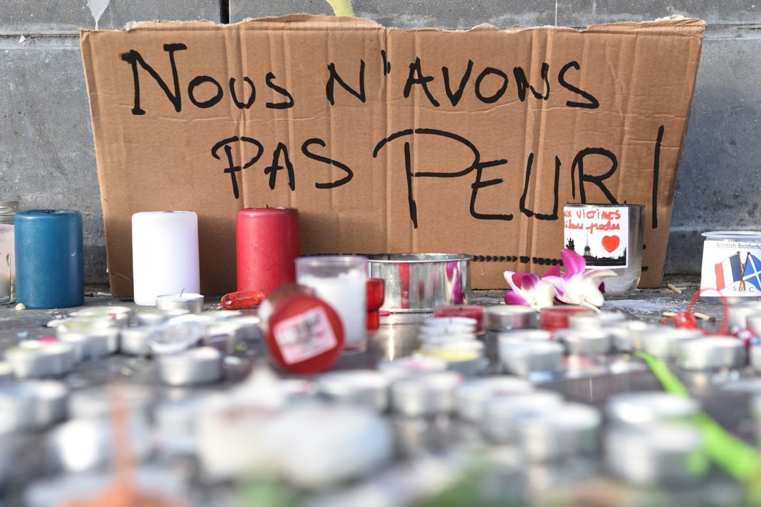 Ein Karton mit der Aufschrift "Nous n'avons pas peur!" (Wir haben keine Angst) steht in Paris am Place de la Republique hinter Kerzen.