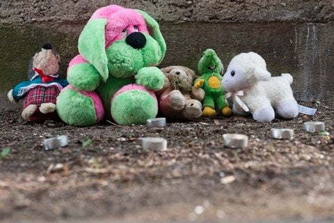 Plüschtiere stehen in Bad Dürrenberg im Ortsteil Tollwitz vor einem verwilderten Grundstück in der Nähe einer Grundschule. (ARCHIVFOTO: DAPD)