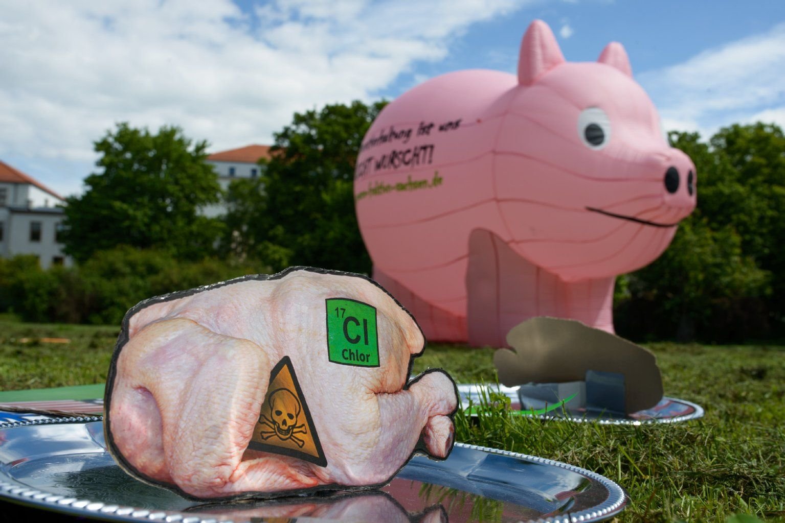 Ein Papp-Hähnchen mit dem Zeichen für Chlor bei Anti-TTIP-Protesten in Erfurt.