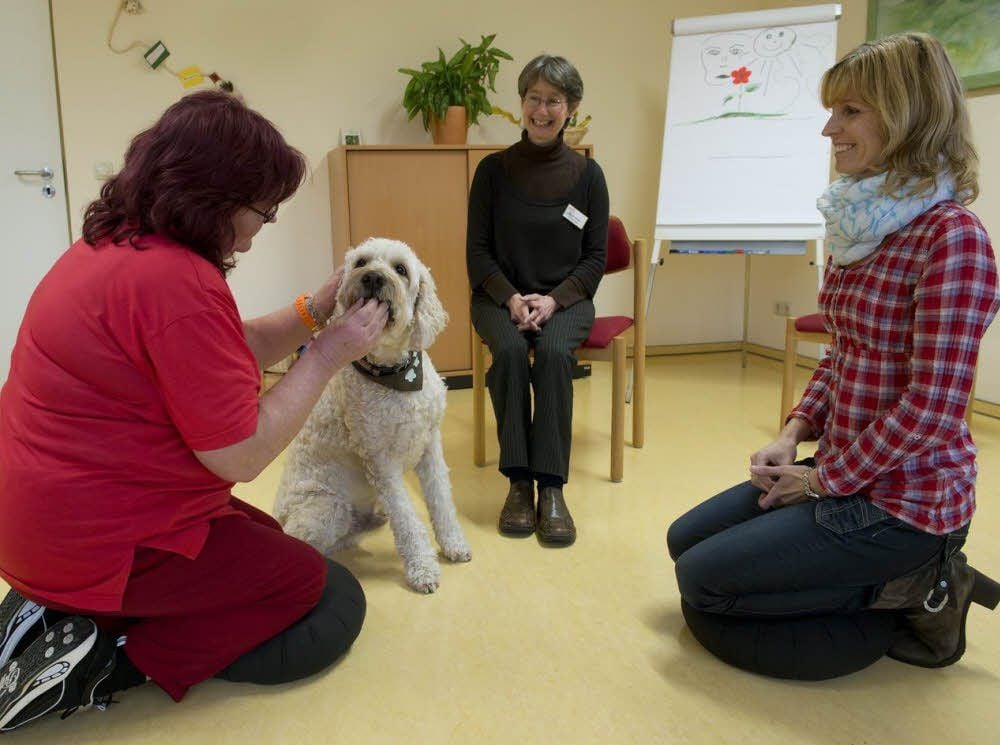 Als Besucherhund hat „Kalle“ die Herzen der Patienten erobert. Das freut besonders Regina Kreutzer (Mitte) und Schwester Annette Nielebok (r.).
