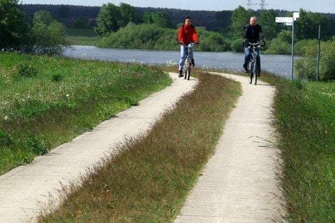 Zwei Fahrradfahrer sind auf dem Elbe-Radweg unterwegs Der rund 980 Kilometer lange Radwanderweg beginnt in Prag an der Moldau und endet in Cuxhaven an der Elbemündung in die Nordsee. (FOTO: DPA)