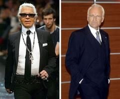Modeschöpfer Karl Lagerfeld bei einer Präsentation seiner Lagerfeld Gallery in Paris (l., Archivfoto vom 06.10.2004) und der CSU-Vorsitzende Edmund Stoiber am Rande einer Talkshow in Berlin (Archivfoto vom 25.08.2005, Kombo). (Foto: MZ)