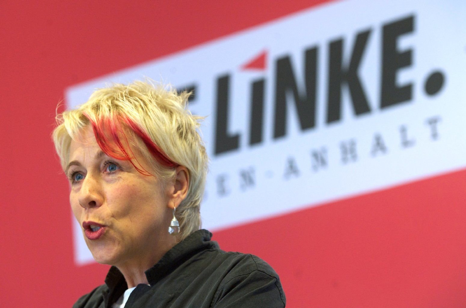 Die Landesvorsitzende von Die Linke in Sachsen-Anhalt, Birke Bull, auf dem außerordentlichen Parteitag in Magdeburg.