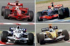 Die Kombo zeigt die Formel-1-Piloten, oben Kimi Räikkönen (l, Finnland) vom Team Ferrari, Lewis Hamilton (r, Großbritannien) vom Team McLaren-Mercedes und unten Nick Heidfeld (l, Deutschland) vom Team BMW Sauber und Fernando Alonso (r, Spanien) vom Team Renault (Archivfotos von Februar 2008). Am 16. März 2008 startet die Formel 1 mit dem Großen Preis von Australien in Melbourne in die Saison 2008. (Foto: dpa)
