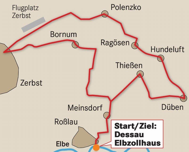 So sieht die Route für die Radtour „Rund um Dessau“ am 27. April aus.