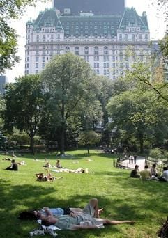 Blick über den New Yorker Central Park in Richtung Süden auf das Plaza Hotel an der Fifth Avenue, aufgenommen am 24.06.2003. Der berühmte Park im Herzen von "Big Apple" war in unzähligen Hollywoodfilmen zu sehen - und ganz in der Nähe wurde John Lennon erschossen. Die Grünanlage, die mit 341 Hektar größer ist als Monaco, feiert am 21. Juli ihren 150. Geburtstag. Bis in den Herbst hinein werden die Feierlichkeiten zur Erteilung der Baugenehmigung am 21. Juli 1853 andauern. (Foto: dpa)