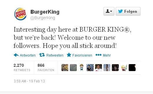 Vor einigen Stunden meldete sich Burger King zurück bei Twitter.