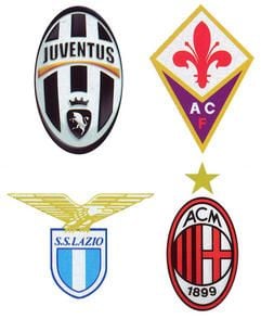 Die Logos der italienischen Ligamannschaften (oben, v.l.) FC Juventus Turin und AC Florenz; (unten, v.l.) SS Lazio Rom, AC Mailand. (Foto: dpa)