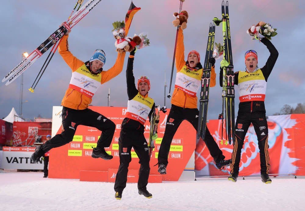 Die Team-Weltmeister: Tino Edelmann, Johannes Rydzek, Eric Frenzel and Fabian Riessle (v. l.)