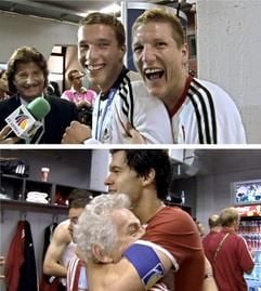 Szenen aus dem neuen Kinofilm «Deutschland. Ein Sommermärchen», oben: Lukas Podolski (M.) und Bastian Schweinsteiger (r.) lachen zusammen in der Kabine; unten: Michael Ballack umarmt seinen Masseur. Auf Sönke Wortmanns Film haben nicht nur Fußball-Fans lange gewartet. Der Regisseur hatte während der Fußball-WM uneingeschränkten Zugang zum deutschen Nationalteam. (Foto: dpa)