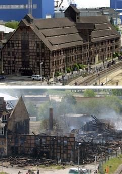 Die Kombo zeigt den historischen Hafenspeicher im alten Stadthafen von Wolgast (Archivfoto vom 29.05.2000) und das architektonische Wahrzeichen der Stadt nach dem verheerenden Brand in der Nacht zum Mittwoch. (Foto: dpa)