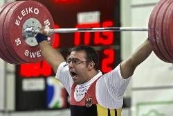Oliver Caruso of Germany lifts 177.5 kg in the men^s category 94kg-A snatch discipline at the 71st men's and14th women^s World Weightlifting Championships in Antalya 09 November 2001.