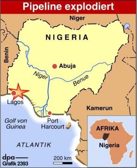 Die Hafenstadt Lagos ist mit rund 9 Millionen Einwohnern die größte Stadt in Nigeria, wo rund 120 Millionen Menschen leben. Rund 50 Prozent sind Muslime; etwa 40 Prozent sind Christen. (Grafik: dpa)