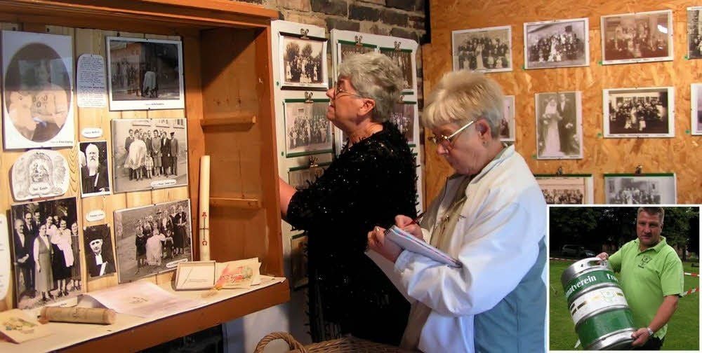 Groß war das Interesse an der Exposition von Rita Heuke auf ihrem Ausstellungshof (großes Foto). Gerald Klimt vom Heimatverein zeigt unterdessen ein Fass, das über eine 3,20 Meter hohe Latte geworfen werden musste.