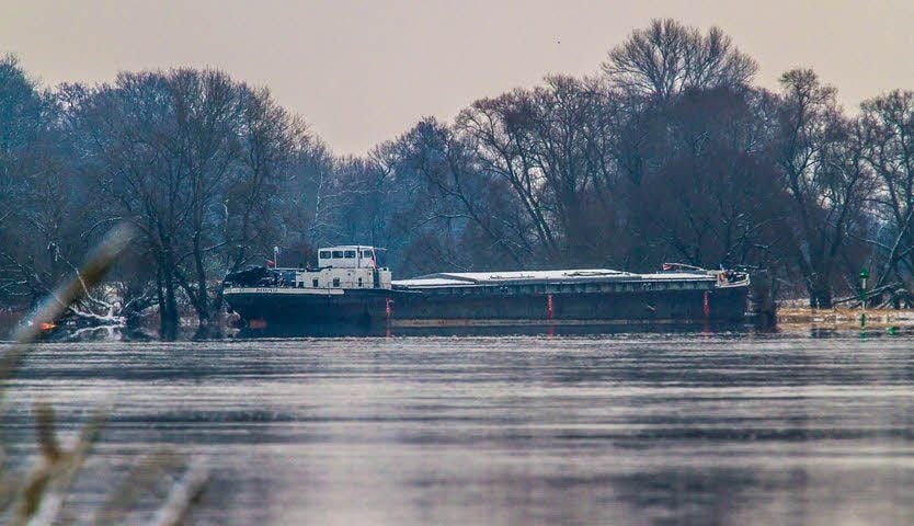 Liegt bei Klieken auf Grund: Ein aus Tschechien stammendes Binnenschiff.