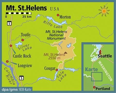 Ganz im Nordwesten der USA - der Mount St. Helens liegt zwischen Portland und Seattle. (Grafik: dpa)