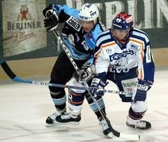 Der Berliner Bradley Bergen (r) kämpft gegen Alexander Sulzer von den Hamburg Freezers um den Puck. (Foto: dpa/Archiv))