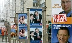 Zahlreiche Wahlplakate für die Oberbürgermeisterwahl am kommenden Sonntag (05.02.2006) sind am Donnerstag (02.02.2006) in der Leipziger Innenstadt zu sehen. (Foto: dpa)