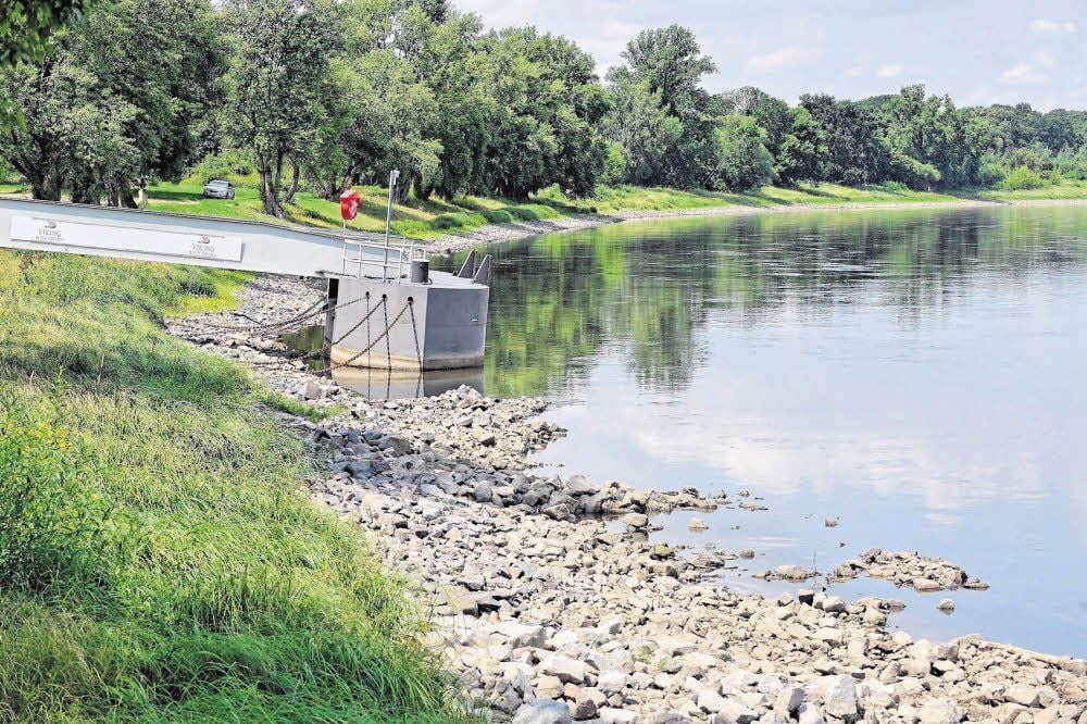 Unübersehbar: In der Elbe bei Dessau ist derzeit zu wenig Wasser. Schiffe können hier zur Zeit nicht anlegen.