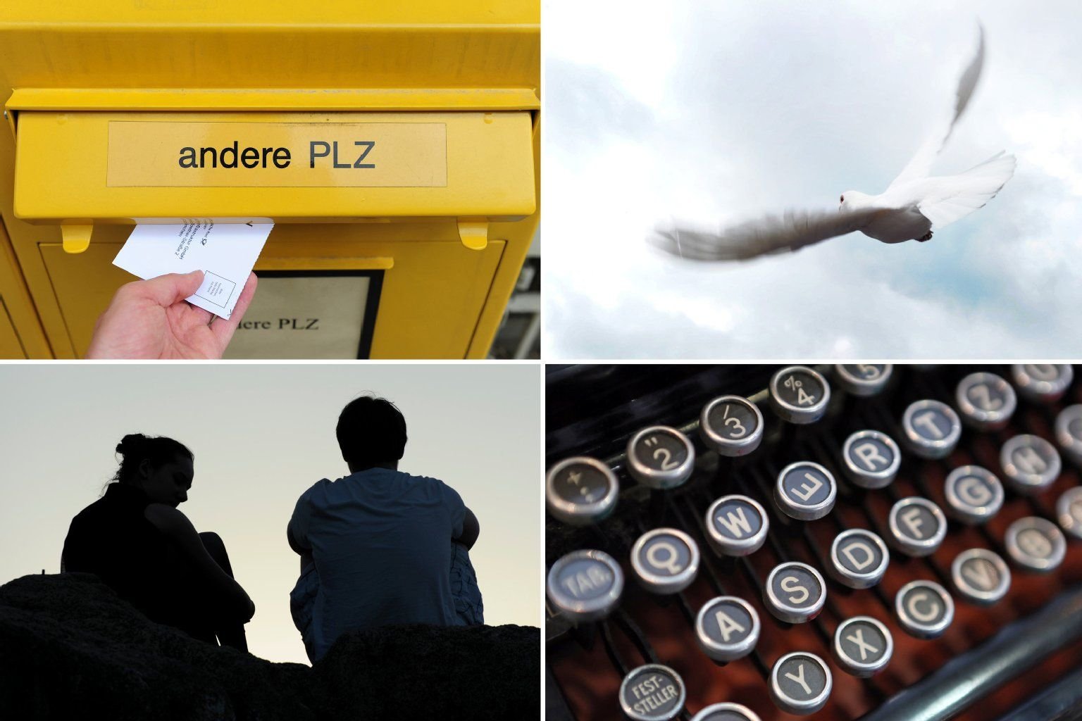Die Bildkombo zeigt (von links oben, nach rechts unten): einen Briefkasten, eine Brieftaube, ein Paar im Gespräch und die Tasten einer Schreibmaschine. Fotos: dpa (zu dpa " «Brieftaube, Rohrpost, Schreibmaschine.