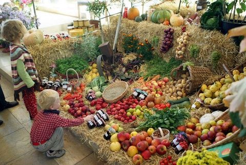 Zwei Kinder betrachten in einer Dorfkirche eine Erntedank-Dekoration. (FOTO: DPA)