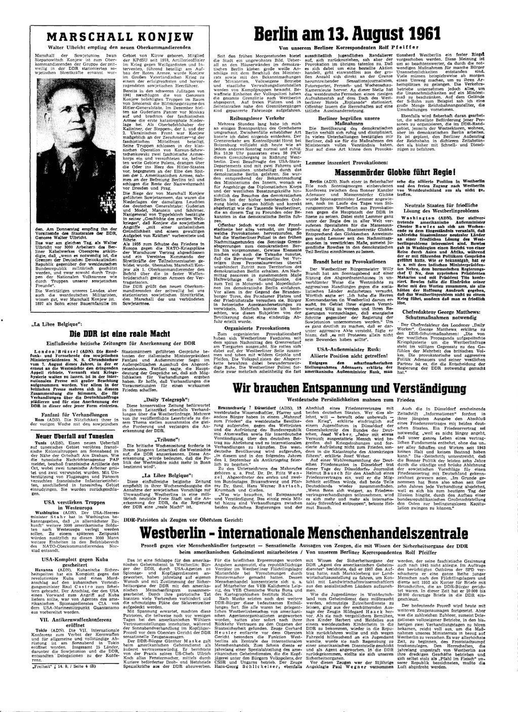 Ausgabe der "Freiheit" vom 14. August 1961
