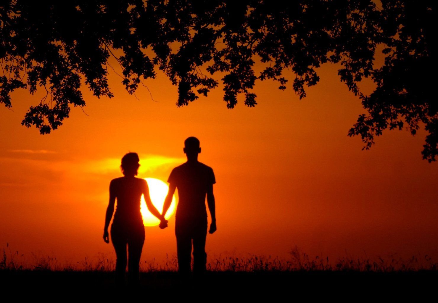 Ein Liebespaar geht Hand in Hand in den Sonnenuntergang.