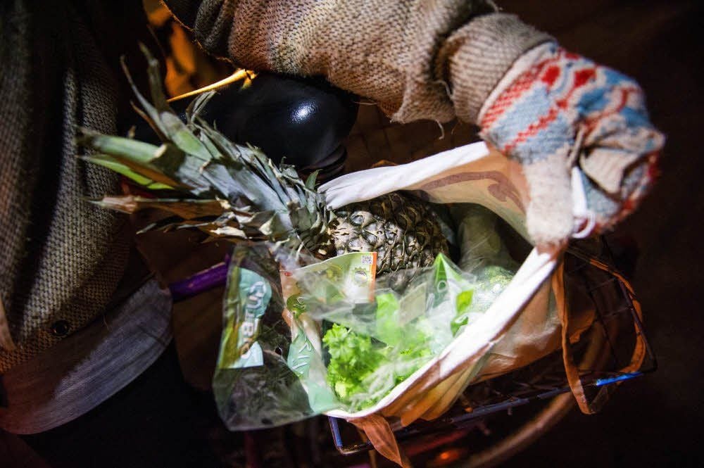 Eine Ananas, Gurken und Salat: Eine ganze Tüte Lebensmittel holt eine junge Studentin aus der Mülltonne einer großen Kaufhalle.