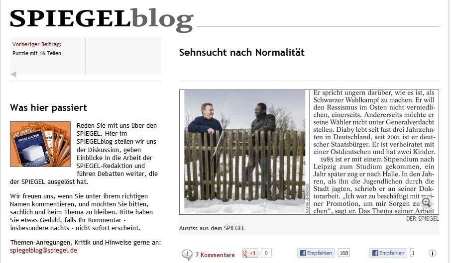 Der Spiegelautor Gordon Repinski hat in seinem Beitrag über Karamby Diaby Halle als eine Hochburg des Rechtsradikalismus bezeichnet. Im Spiegelblog wird er dafür von Kommentatoren heftig kritisiert.