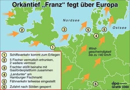Orkantief «Franz» fegt über den Kontinent (Grafik: dpa)