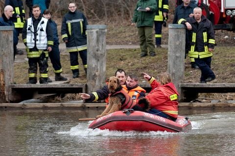 Großaufgebot von Helfern und Rettungskräften an der Saale. (FOTO: DAPD)