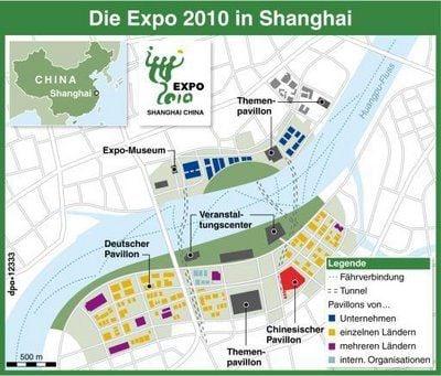 Das Gelände der Expo liegt auf beiden Seiten des Huangpu-Flusses in der chinesischen Stadt. Die Grafik zeigt die Pavillions und andere wichtige Gebäude. (GRAFIK: DPA)