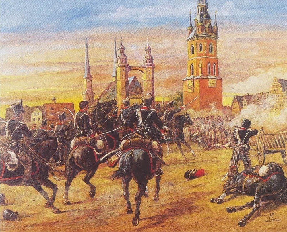 Blutiges Handgemenge, wo heute Händel steht: Am 2. Mai 1813 attackieren preußische Dragoner die französischen Truppen auf dem halleschen Markt.