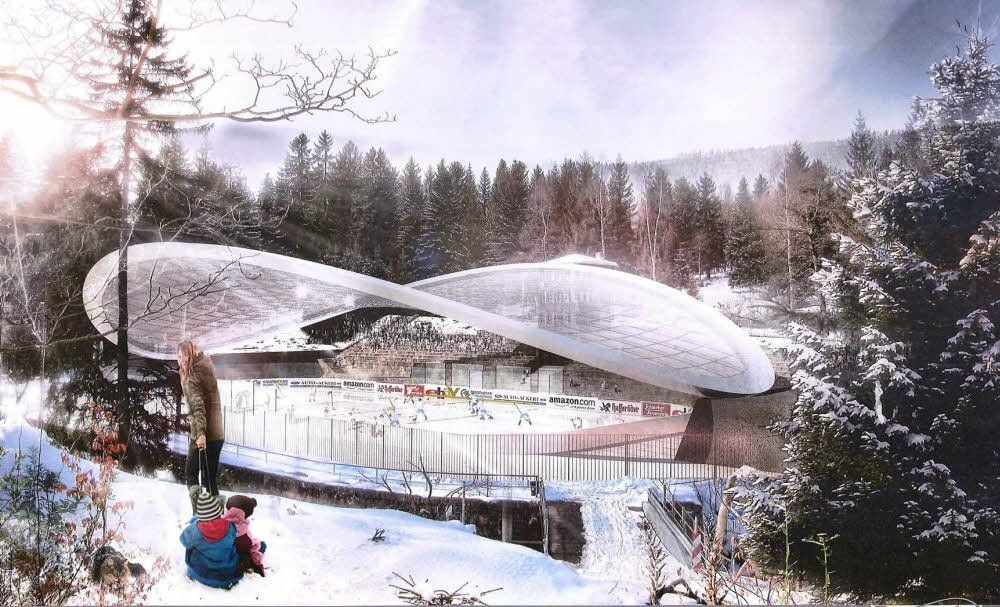 Die „Schierke Arena“: Der Entwurf für das Flugdach über dem denkmalgeschützten Eisstadion in einer Computersimulation
