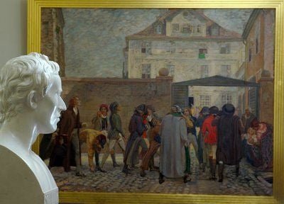 Schiller-Büste und das Gemälde «Schiller auf dem Wege zu seiner Antrittsvorlesung in das Griesbachhaus am 26. Mai 1789» (1909/10) von Erich Kuithan in der Sonderausstellung an der Friedrich-Schiller-Universität Jena (FOTO: DPA)