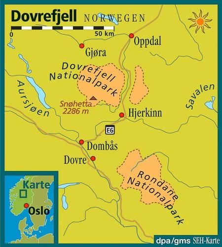 Die Nationalparks Dovrefjell und Sunndalsfjell haben zusammen eine Fläche von rund 6100 Quadratkilometern - mehr als doppelt so viel wie das Saarland. (Grafik: dpa)