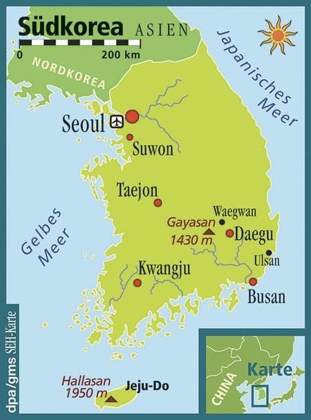 Alte Kultur vom Meer umschlungen - Südkorea bildet den südlichen Teil der koreanischen Halbinsel zwischen dem Gelben und dem Japanischen Meer. Die Hauptstadt Seoul liegt im Nordwesten des Landes. (Grafik: dpa)