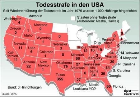 Todesstrafe in den USA (nach Bundesstaaten) (Grafik: dpa)