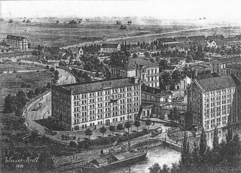 Blick auf die Hildebrandschen Mühlenwerke und Böllberg aus dem Jahre 1896.