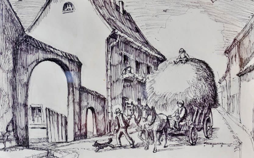 Federzeichnung „Dorfstraße in Spören mit Erntewagen“