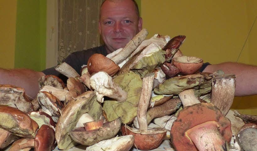 Daniel Szor mit einem kleinen Teil seiner „Pilz-Ernte“. An einem einzigen Tag hat er rund 15 Kilogramm Pilze im Ziegelrodaer Forst gesammelt.