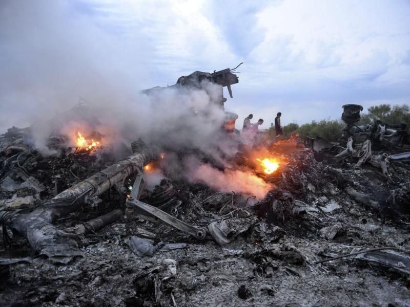 Trümmer einer Boeing 777 der Malaysia Airlines brennen bei Donezk in der Ukraine. Das Passagierflugzeug mit der Flugnummer MH17 war mit 298 Menschen an Bord abgeschossen worden. Foto: Alyona Zykina/epa/dpa