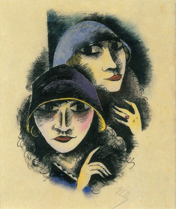 Richard Ziegler: „Zwei Frauenköpfe“, 1924, Lithografie, aquarelliert auf Papier, Sammlung Frank Brabant