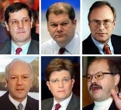 Die Mitglieder des Visa-Untersuchungsausschusses: Hellmut Königshaus (FDP, oben l), Olaf Scholz (SPD, oben M), Volker Neumann (SPD, oben r), Hans-Peter Uhl (CSU, unten l), Eckart von Klaeden (CDU, unten M) und Jerzy Montag (Grünen, unten r). (Foto: dpa)