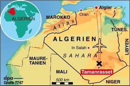Karte zum Flugzeugabsturz im Süden Algeriens. (Grafik: dpa)